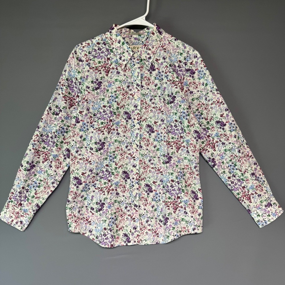 Orvis Womens Purple Blue Floral Button Down Shirt Wrinkle Resistant Cotton Sz 10